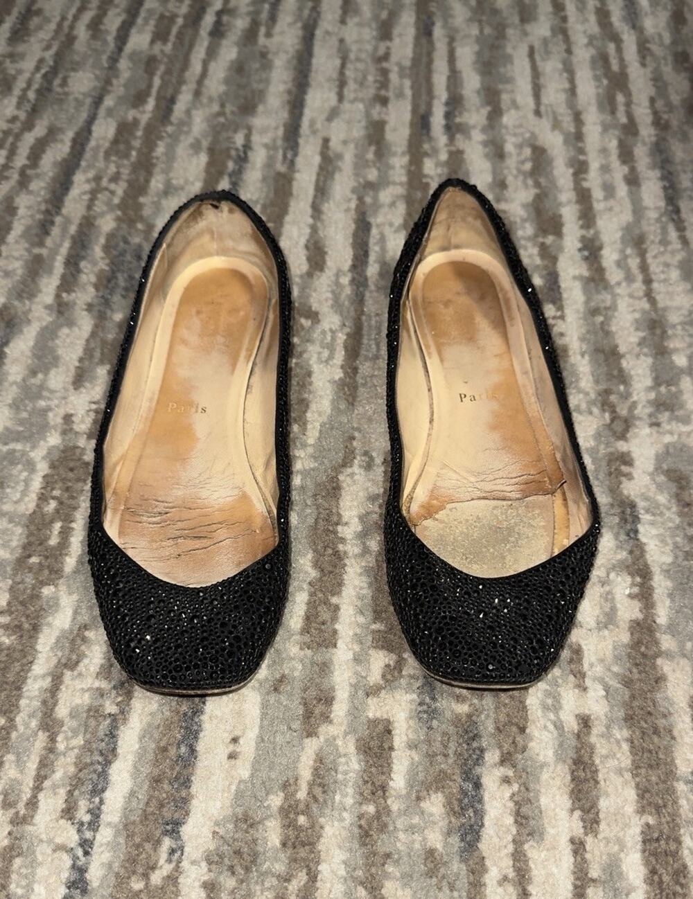 Christian Louboutin - Black Glitter Ballet Flats (Distressed) 39.5 Made in Italy